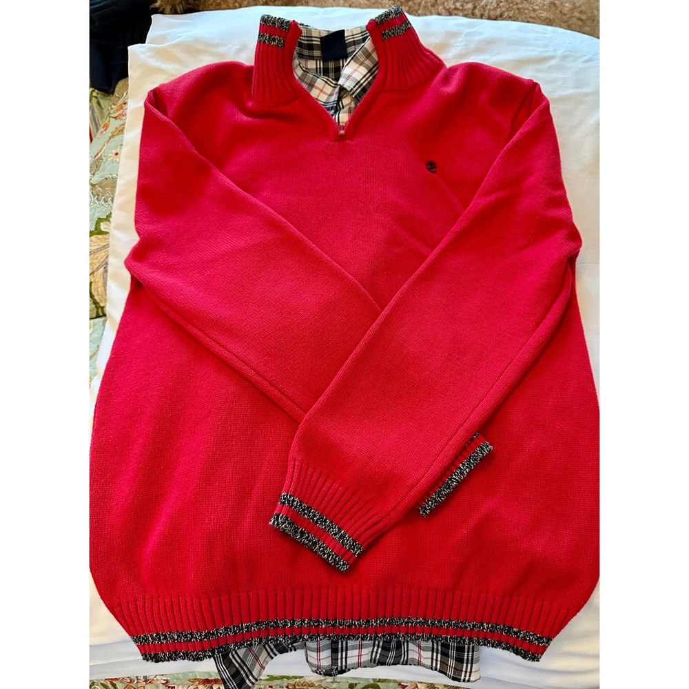 IZOD Boys 2 Piece Set Red Quarter Zip Sweater Plaid Button Down Shirt XL 14/16